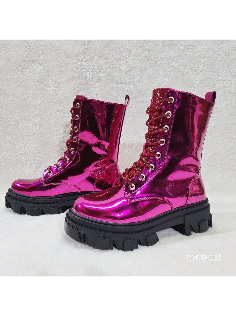 Size 6 Rowan Metallic Pink Combat Ankle Boots Rhinestone Tongue and Rope Lace - Picture 3 of 10